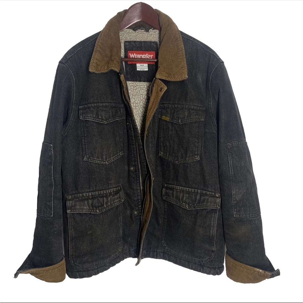 Wrangler Men’s M Black jean jacket Sherpa lined Chore Coat Vintage Denim